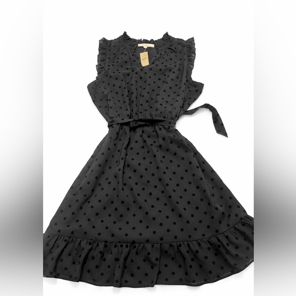 LOFT Black Flocked Polka Dot Ruffle Dress NWT | Sheer Overlay Tie Waist